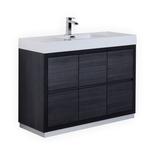 KubeBath Bliss 48" Gray Oak Freestanding Modern Bathroom Vanity With Single Integrated Acrylic Sink With Overflow and 44" Gray Oak Framed Mirror With Shelf