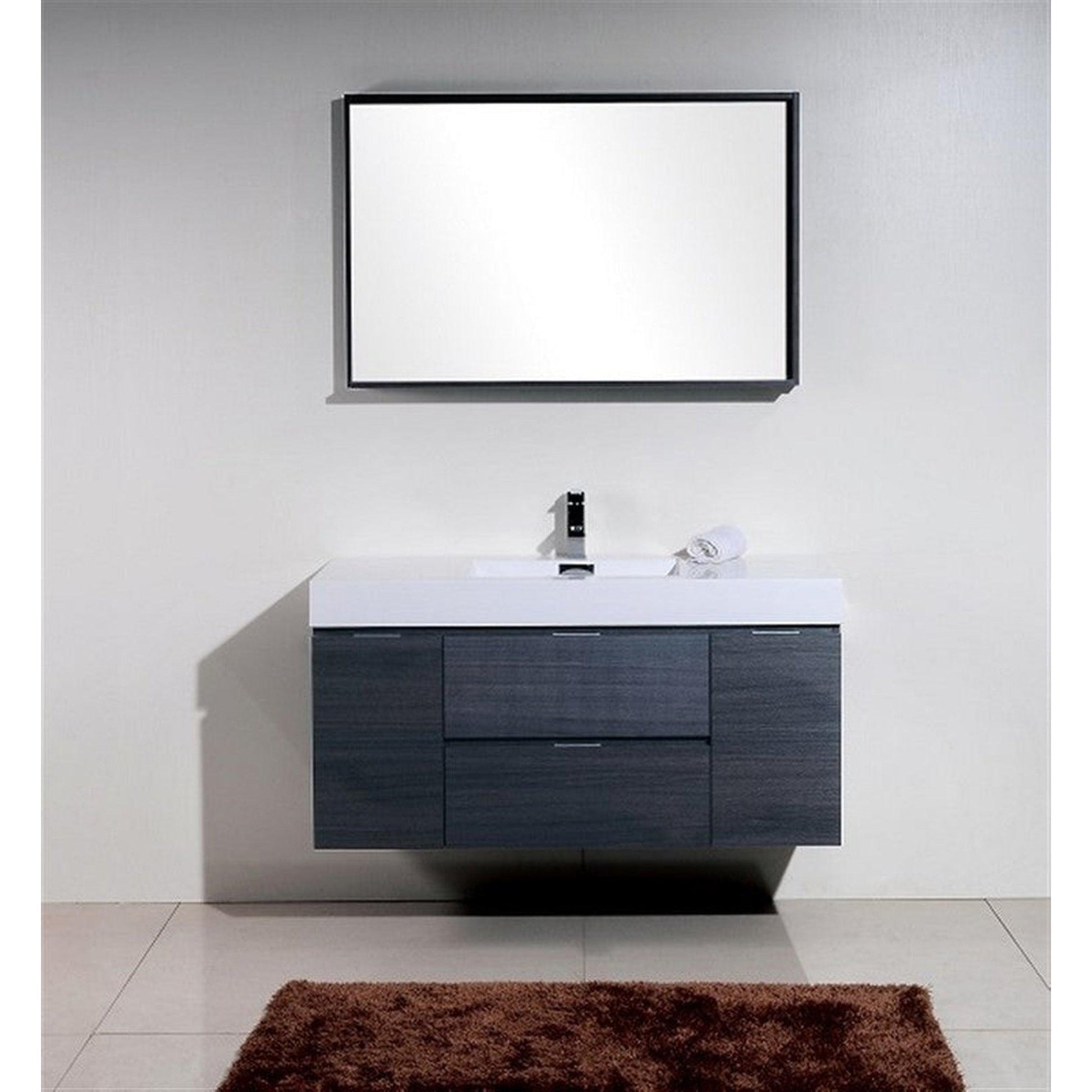 KubeBath Bliss 48" Gray Oak Wall-Mounted Modern Bathroom Vanity With Single Integrated Acrylic Sink With Overflow and 44" Gray Oak Framed Mirror With Shelf