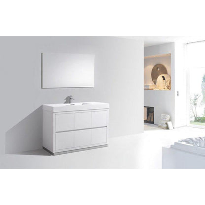 KubeBath Bliss 48" High Gloss White Freestanding Modern Bathroom Vanity With Single Integrated Acrylic Sink With Overflow and 48" White Framed Mirror With Shelf