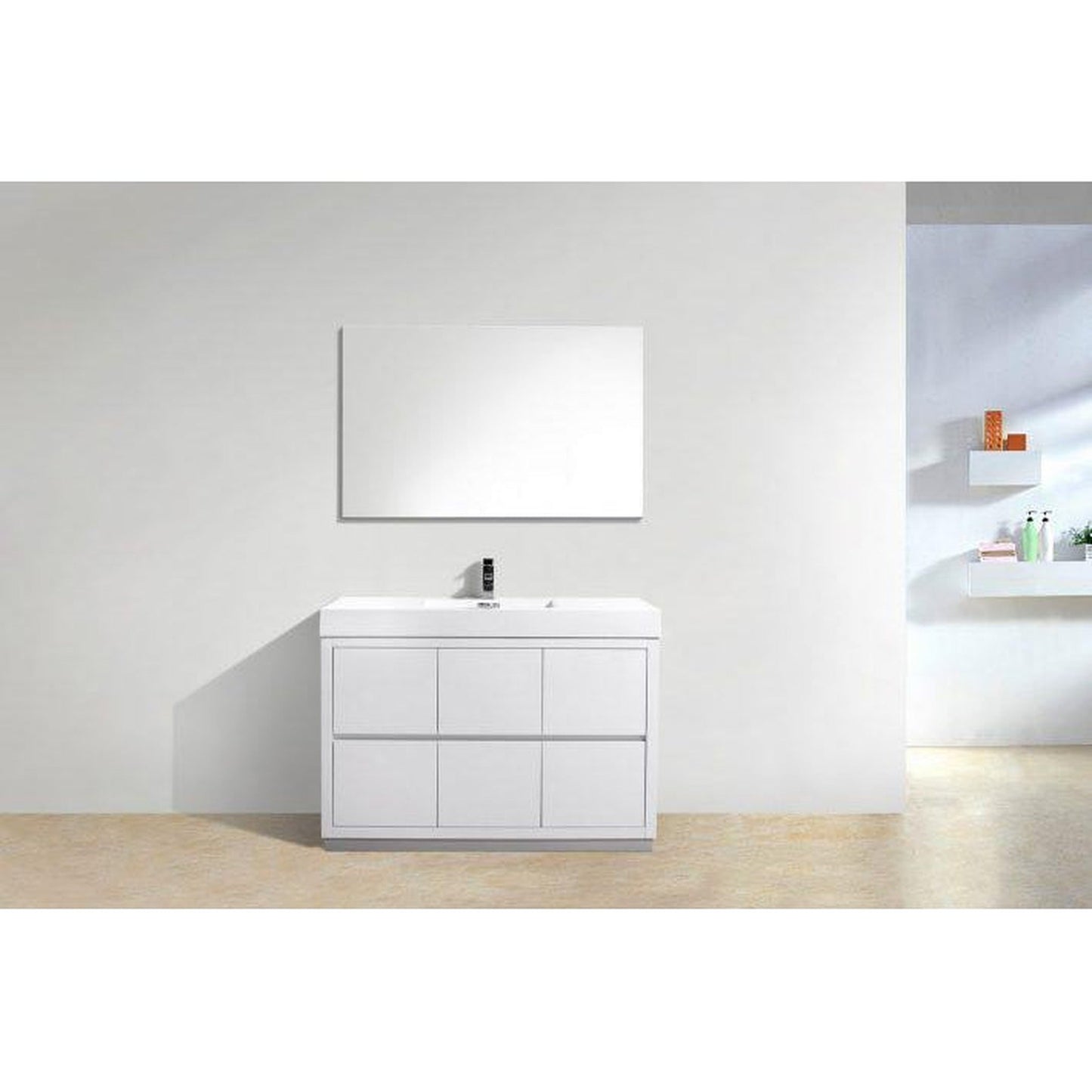 KubeBath Bliss 48" High Gloss White Freestanding Modern Bathroom Vanity With Single Integrated Acrylic Sink With Overflow and 48" White Framed Mirror With Shelf