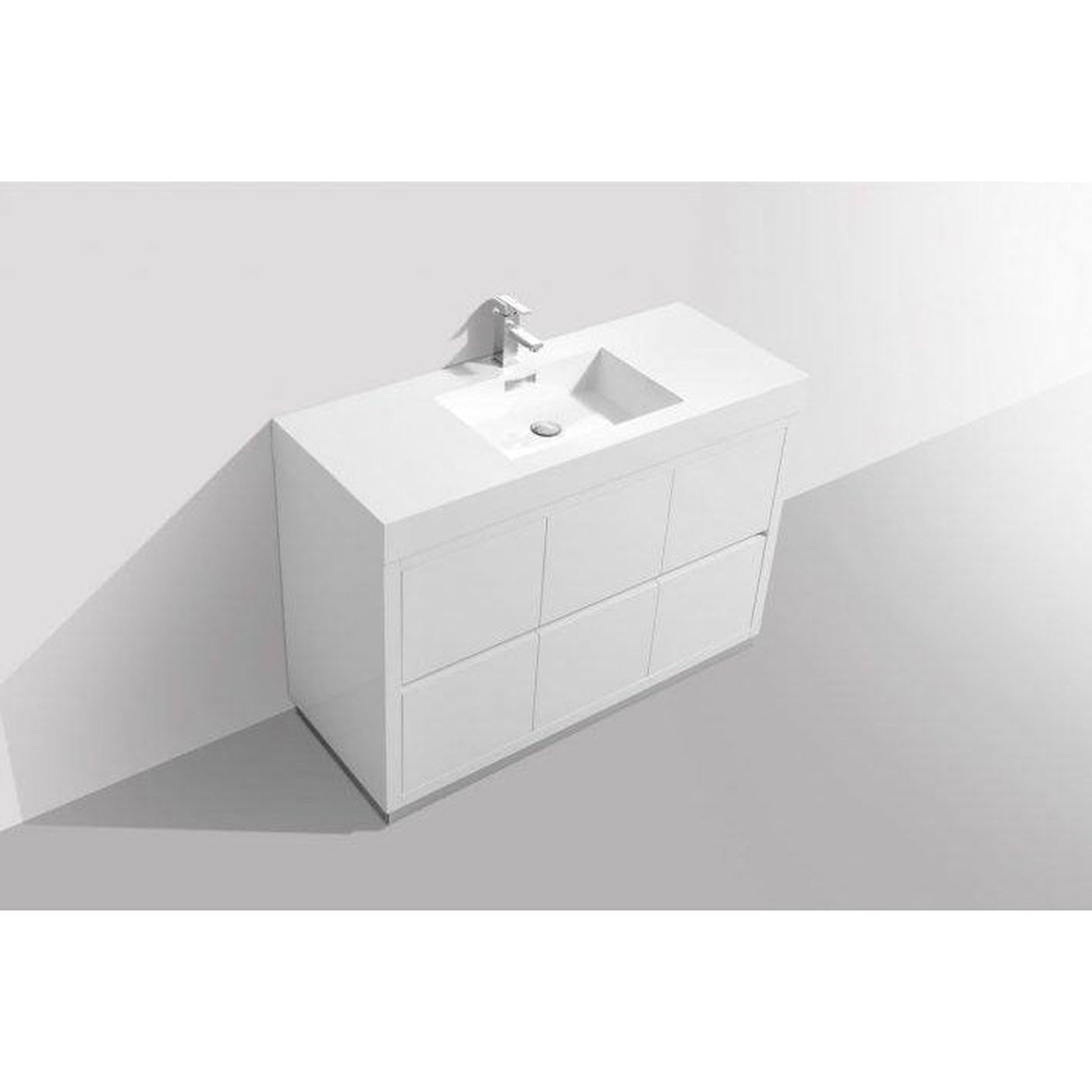 KubeBath Bliss 48" High Gloss White Freestanding Modern Bathroom Vanity With Single Integrated Acrylic Sink With Overflow and 48" White Framed Mirror With Shelf