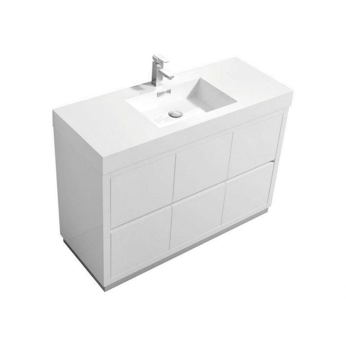 KubeBath Bliss 48" High Gloss White Freestanding Modern Bathroom Vanity With Single Integrated Acrylic Sink With Overflow and 48" White Framed Mirror With Shelf