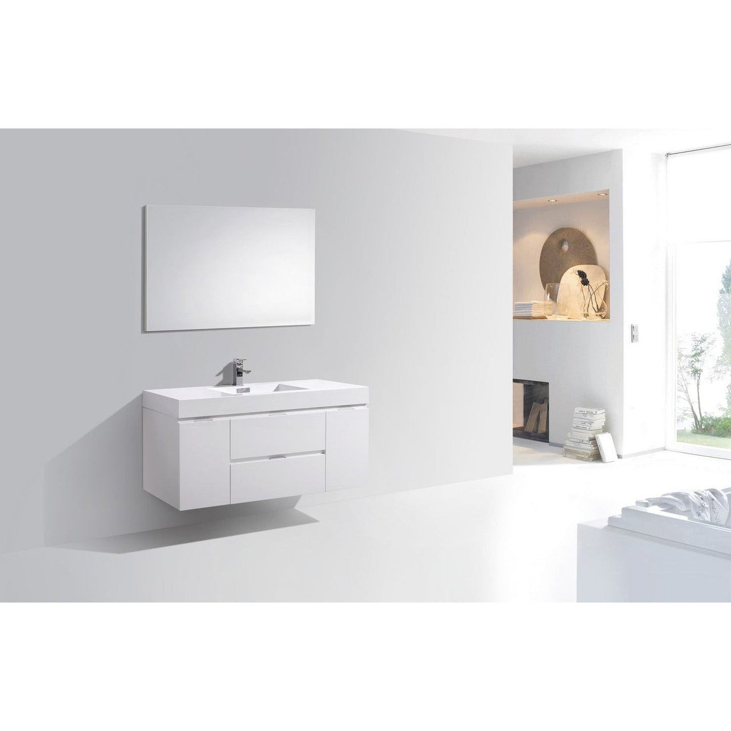 KubeBath Bliss 48" High Gloss White Wall-Mounted Modern Bathroom Vanity With Single Integrated Acrylic Sink With Overflow