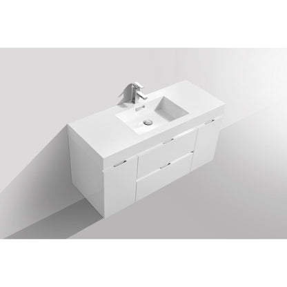 KubeBath Bliss 48" High Gloss White Wall-Mounted Modern Bathroom Vanity With Single Integrated Acrylic Sink With Overflow and 48" White Framed Mirror With Shelf