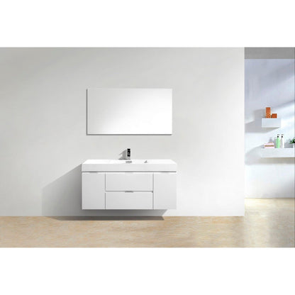 KubeBath Bliss 48" High Gloss White Wall-Mounted Modern Bathroom Vanity With Single Integrated Acrylic Sink With Overflow and 48" White Framed Mirror With Shelf