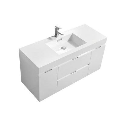 KubeBath Bliss 48" High Gloss White Wall-Mounted Modern Bathroom Vanity With Single Integrated Acrylic Sink With Overflow and 48" White Framed Mirror With Shelf