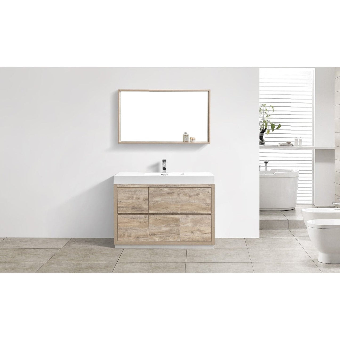 KubeBath Bliss 48" Nature Wood Freestanding Modern Bathroom Vanity With Single Integrated Acrylic Sink With Overflow and 48" Wood Framed Mirror With Shelf