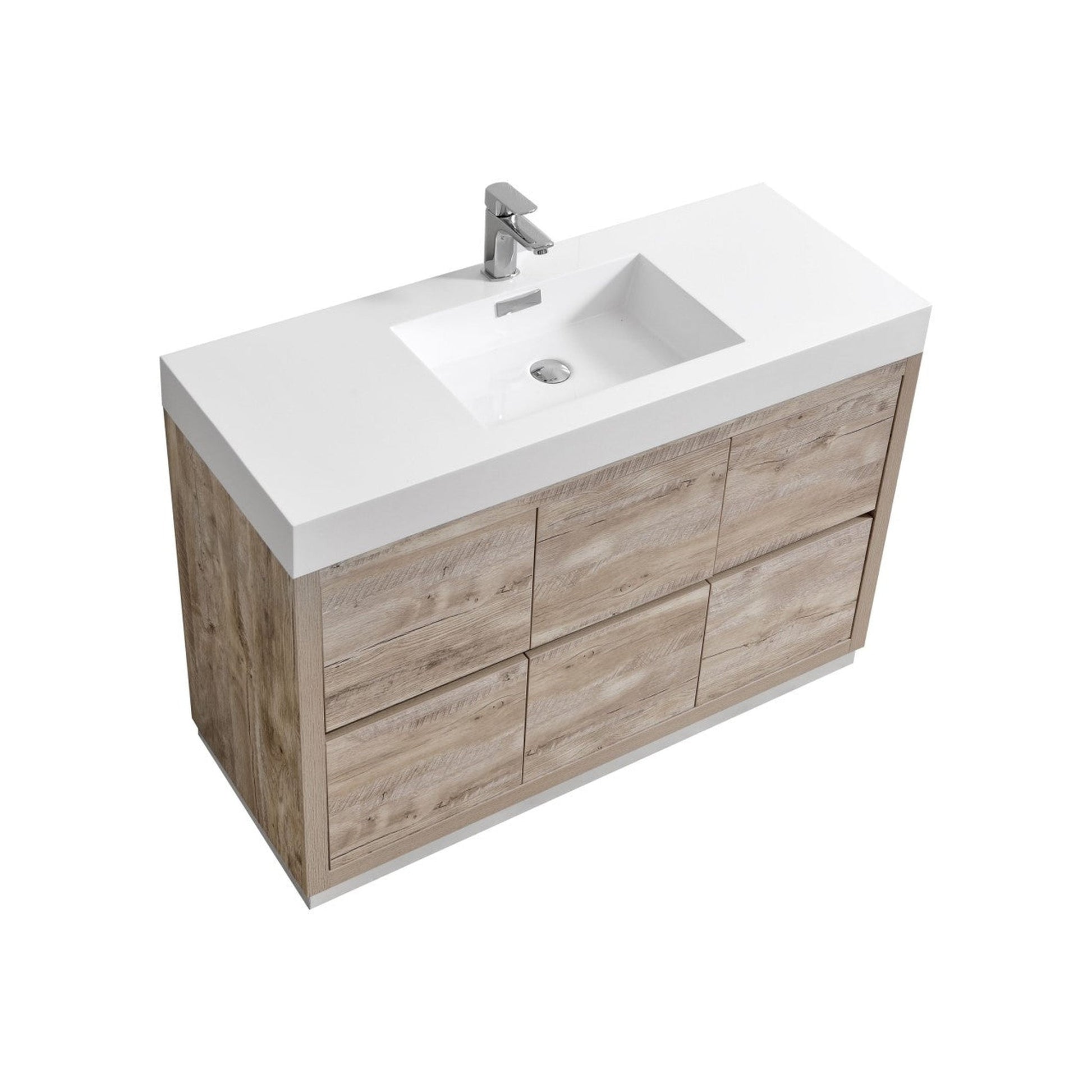 KubeBath Bliss 48" Nature Wood Freestanding Modern Bathroom Vanity With Single Integrated Acrylic Sink With Overflow and 48" Wood Framed Mirror With Shelf