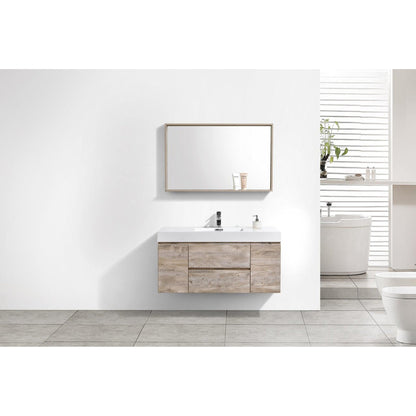 KubeBath Bliss 48" Nature Wood Wall-Mounted Modern Bathroom Vanity With Single Integrated Acrylic Sink With Overflow and 48" Wood Framed Mirror With Shelf