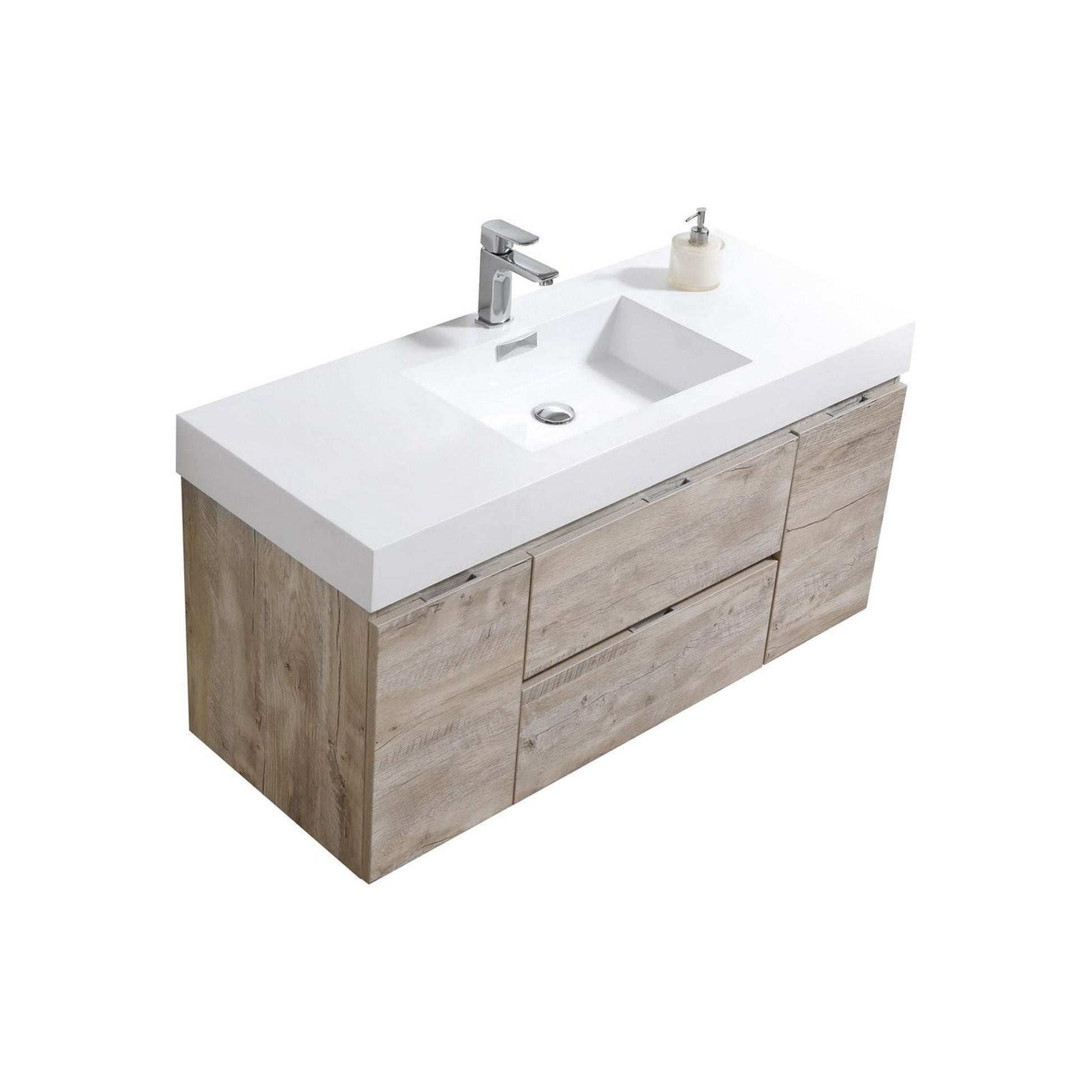 KubeBath Bliss 48" Nature Wood Wall-Mounted Modern Bathroom Vanity With Single Integrated Acrylic Sink With Overflow and 48" Wood Framed Mirror With Shelf