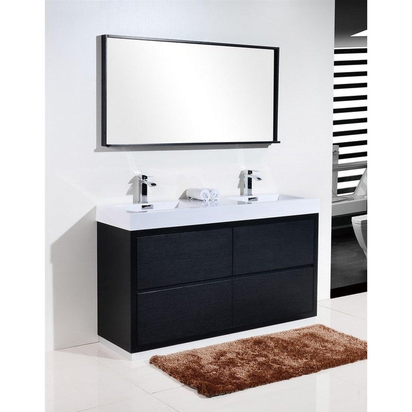 KubeBath Bliss 60" Black Freestanding Modern Bathroom Vanity With Double Integrated Acrylic Sink With Overflow and 55" Black Framed Mirror With Shelf