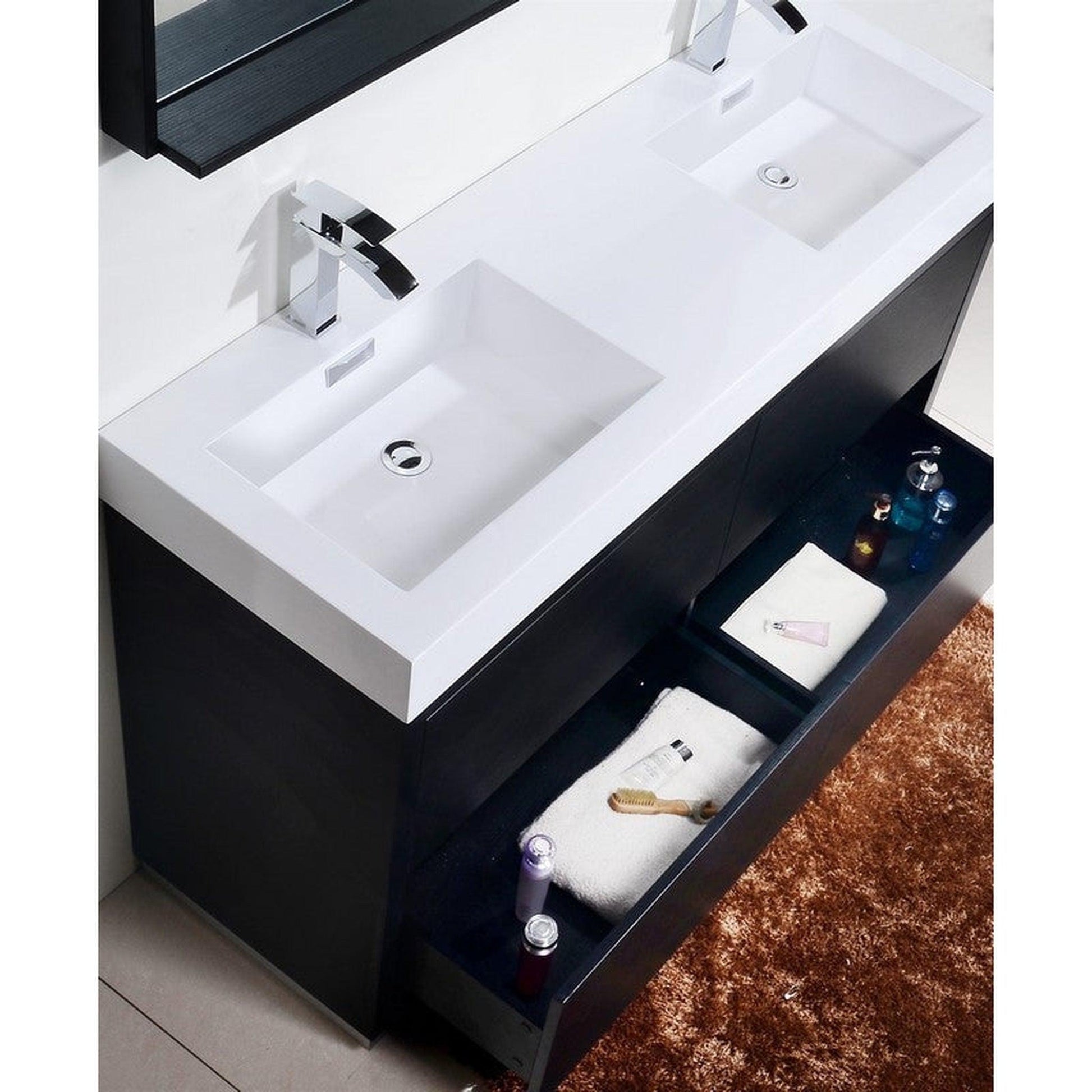 KubeBath Bliss 60" Black Freestanding Modern Bathroom Vanity With Double Integrated Acrylic Sink With Overflow and 55" Black Framed Mirror With Shelf