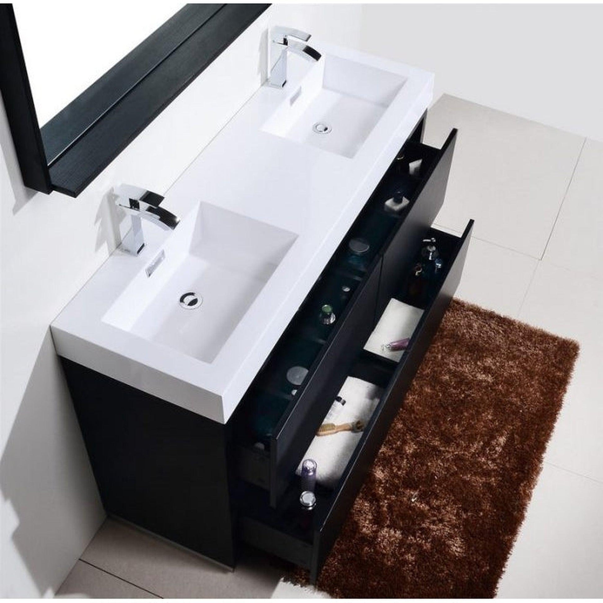 KubeBath Bliss 60" Black Freestanding Modern Bathroom Vanity With Double Integrated Acrylic Sink With Overflow and 55" Black Framed Mirror With Shelf