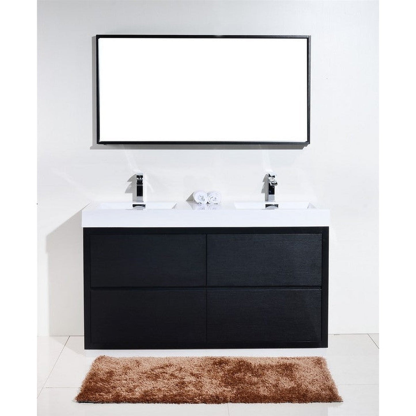 KubeBath Bliss 60" Black Freestanding Modern Bathroom Vanity With Double Integrated Acrylic Sink With Overflow and 55" Black Framed Mirror With Shelf