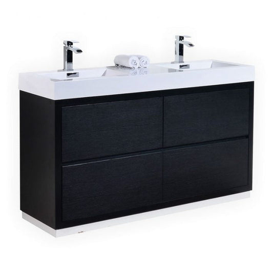 KubeBath Bliss 60" Black Freestanding Modern Bathroom Vanity With Double Integrated Acrylic Sink With Overflow and 55" Black Framed Mirror With Shelf