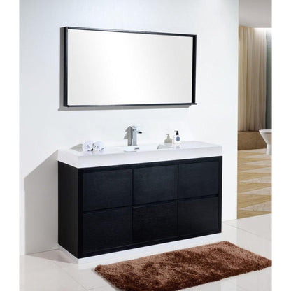 KubeBath Bliss 60" Black Freestanding Modern Bathroom Vanity With Single Integrated Acrylic Sink With Overflow and 55" Black Framed Mirror With Shelf