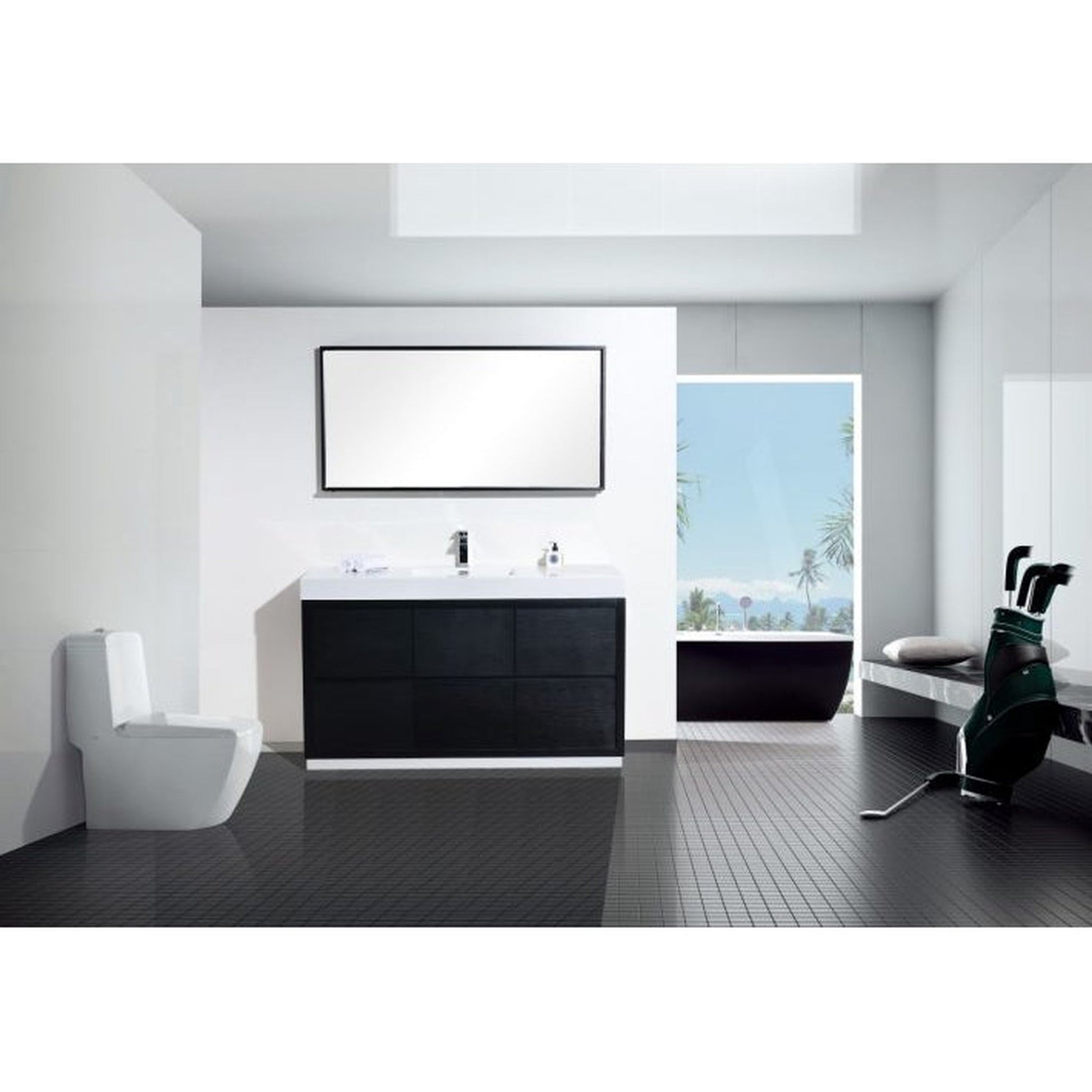KubeBath Bliss 60" Black Freestanding Modern Bathroom Vanity With Single Integrated Acrylic Sink With Overflow and 55" Black Framed Mirror With Shelf