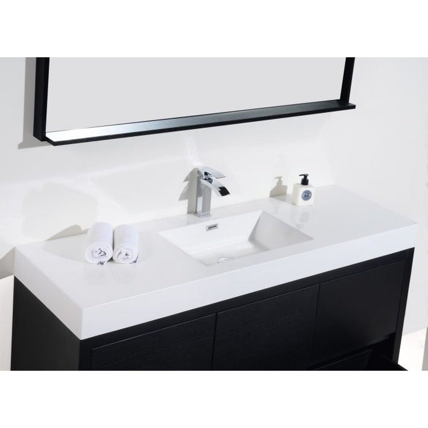 KubeBath Bliss 60" Black Freestanding Modern Bathroom Vanity With Single Integrated Acrylic Sink With Overflow and 55" Black Framed Mirror With Shelf