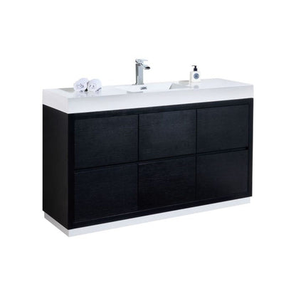 KubeBath Bliss 60" Black Freestanding Modern Bathroom Vanity With Single Integrated Acrylic Sink With Overflow and 55" Black Framed Mirror With Shelf