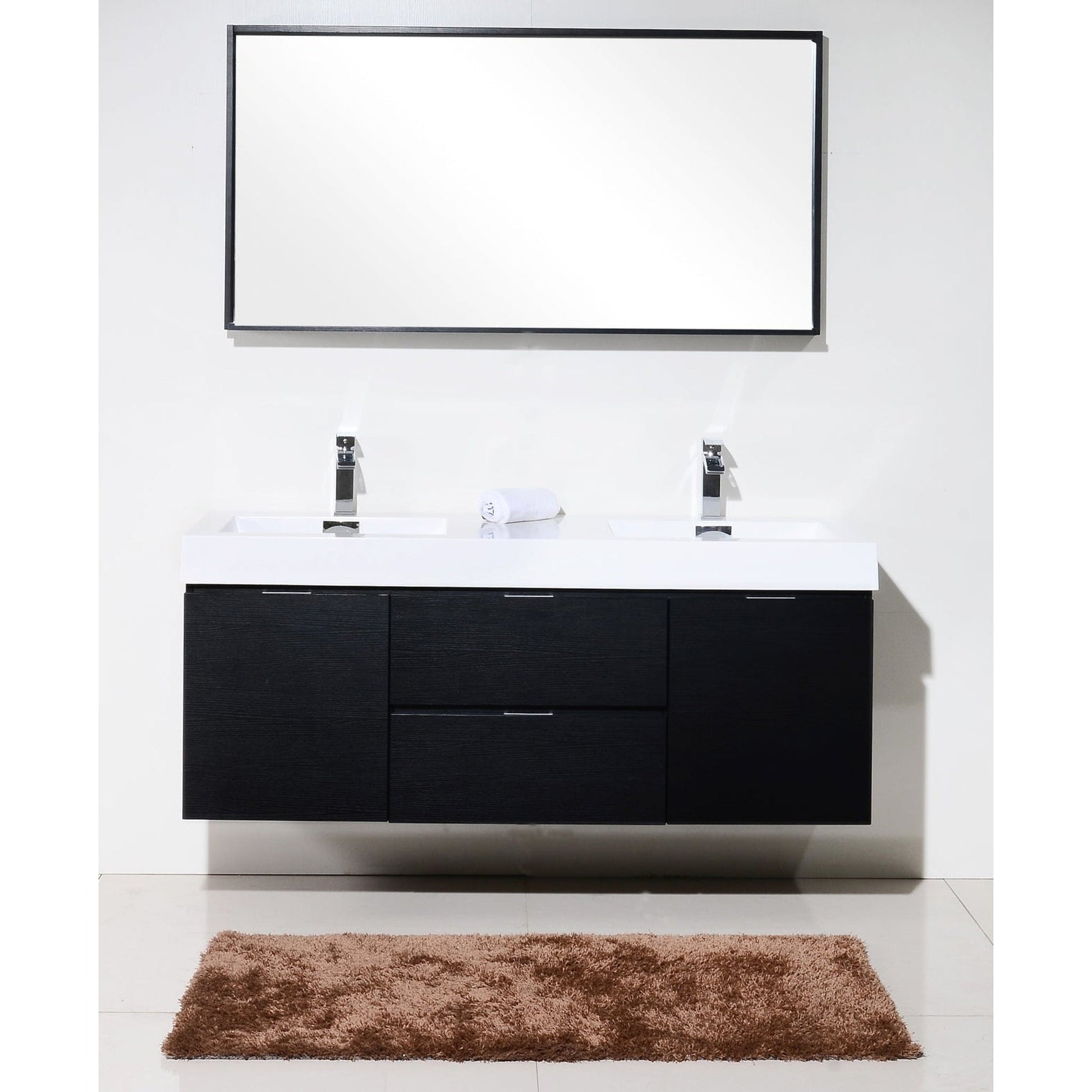 KubeBath Bliss 60" Black Wall-Mounted Modern Bathroom Vanity With Double Integrated Acrylic Sink With Overflow and 55" Black Framed Mirror With Shelf