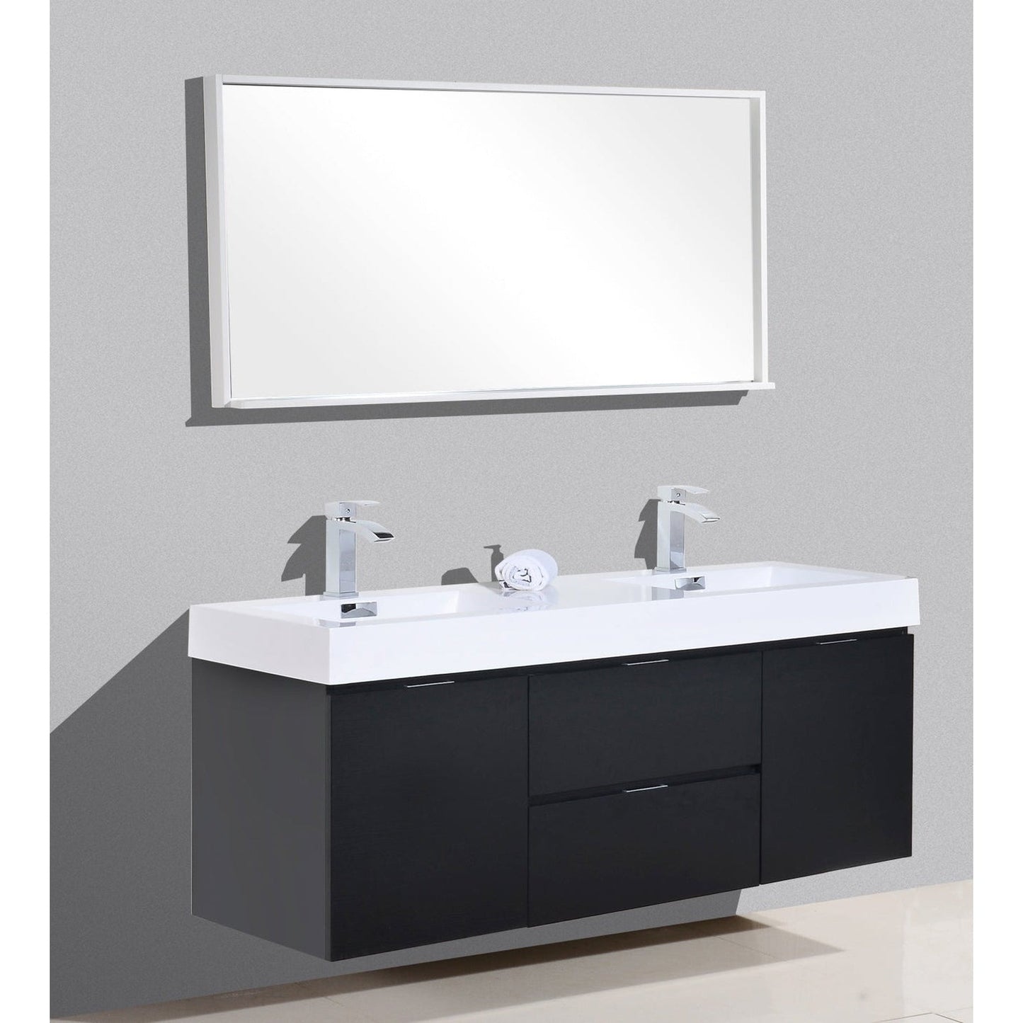 KubeBath Bliss 60" Black Wall-Mounted Modern Bathroom Vanity With Double Integrated Acrylic Sink With Overflow and 55" Black Framed Mirror With Shelf