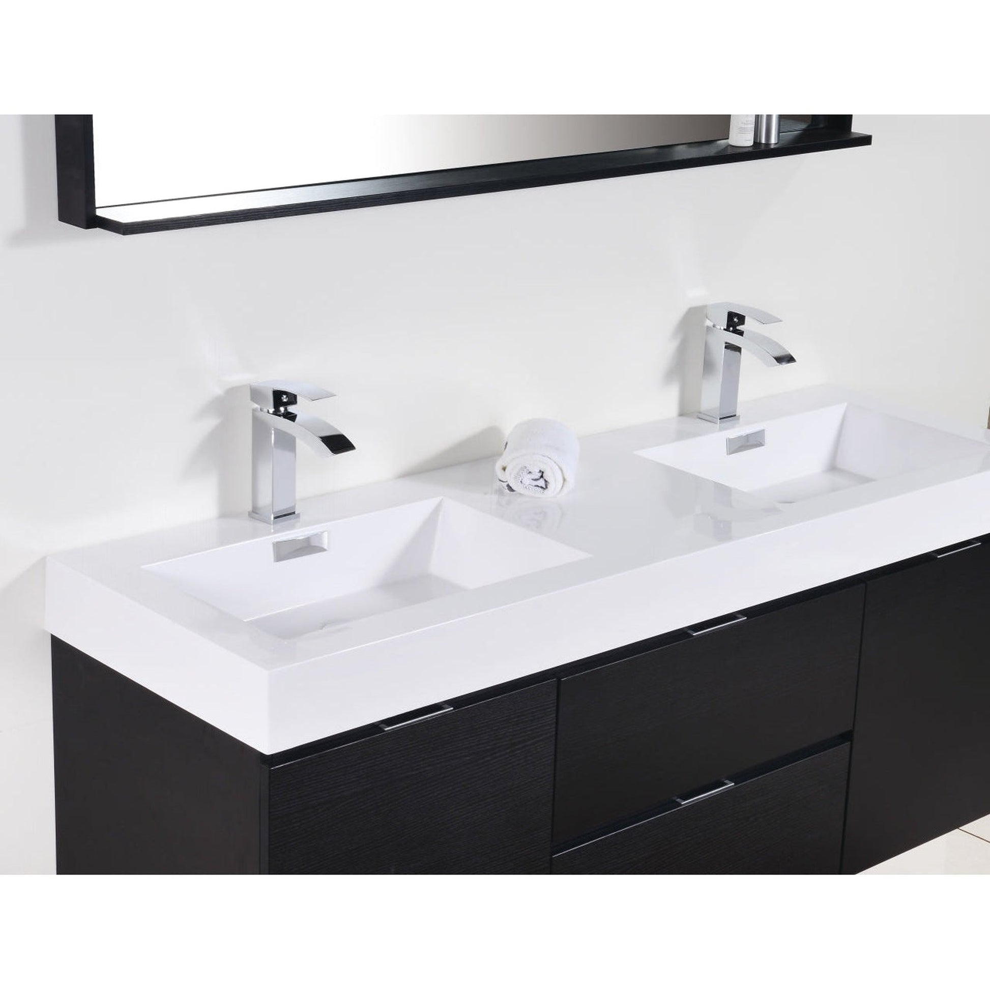 KubeBath Bliss 60" Black Wall-Mounted Modern Bathroom Vanity With Double Integrated Acrylic Sink With Overflow and 55" Black Framed Mirror With Shelf