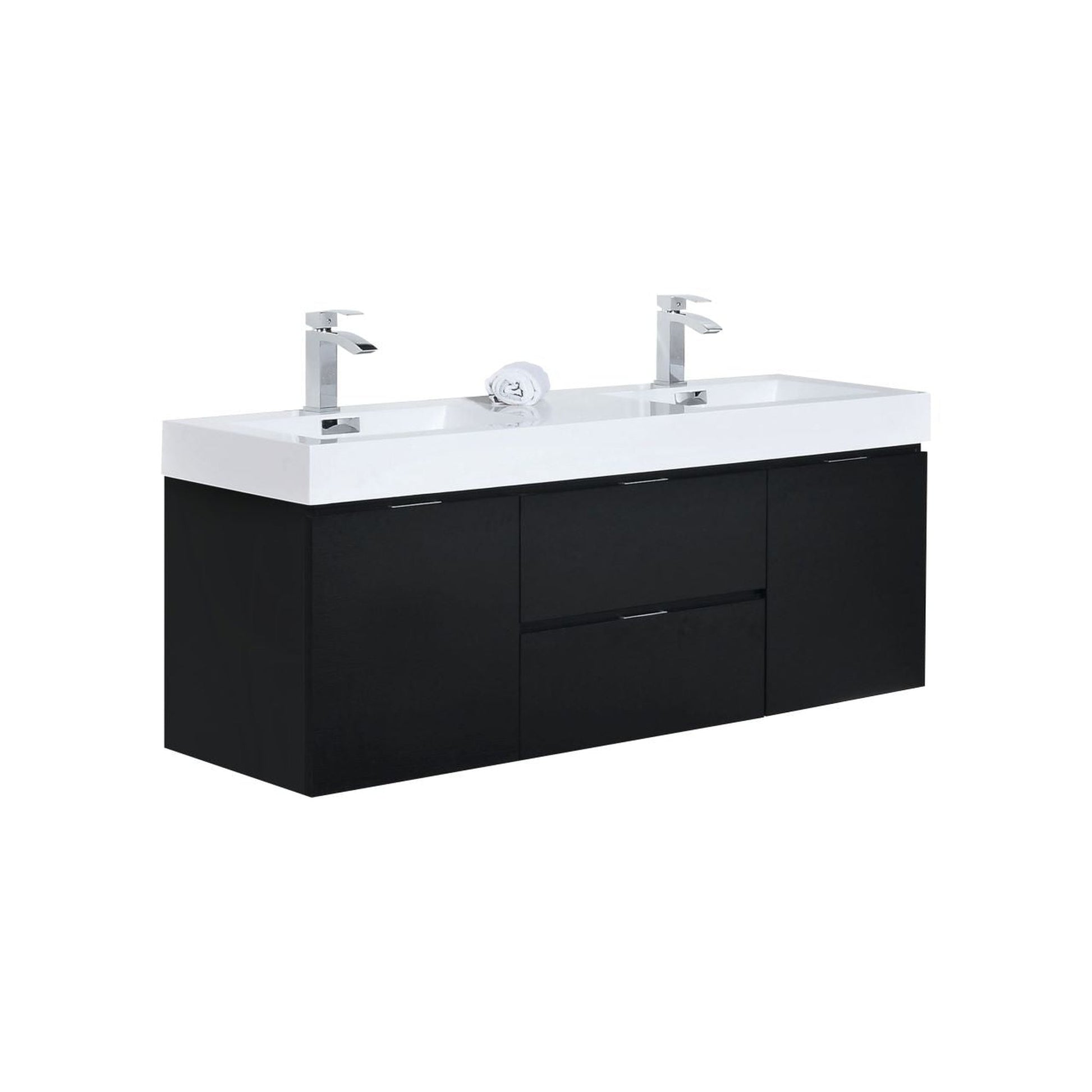 KubeBath Bliss 60" Black Wall-Mounted Modern Bathroom Vanity With Double Integrated Acrylic Sink With Overflow and 55" Black Framed Mirror With Shelf