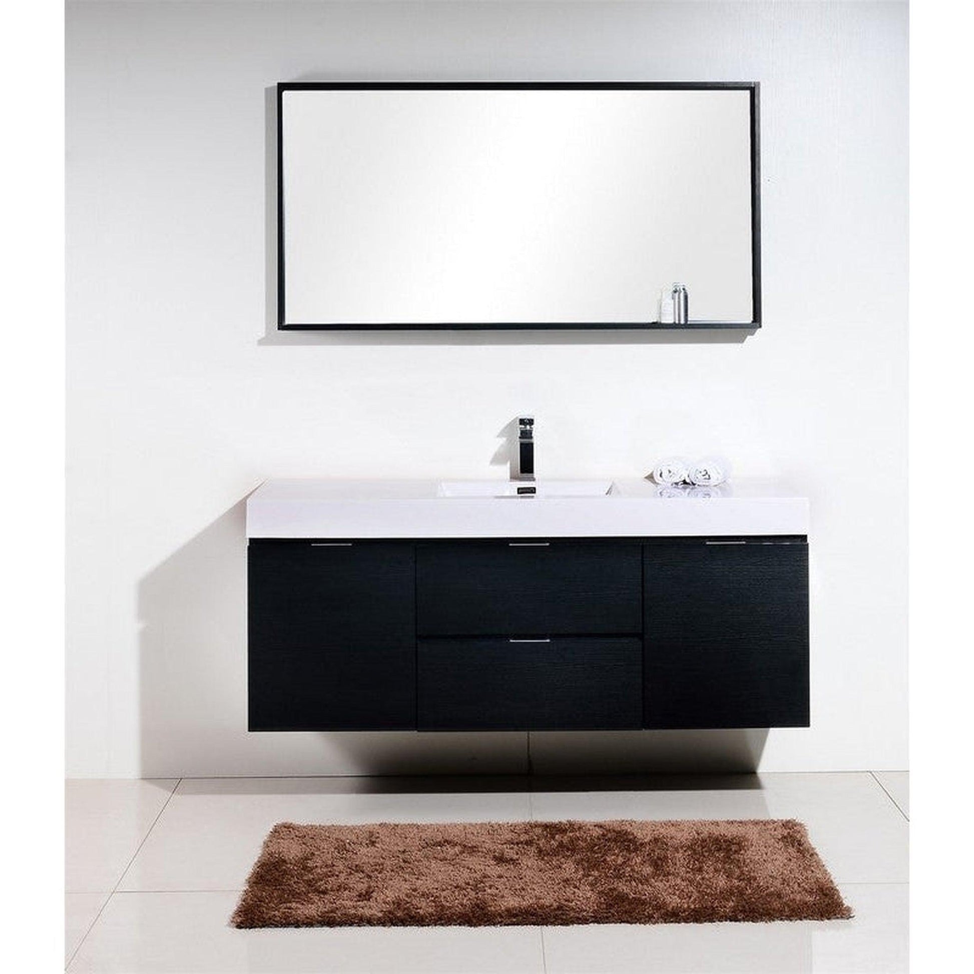 KubeBath Bliss 60" Black Wall-Mounted Modern Bathroom Vanity With Single Integrated Acrylic Sink With Overflow and 55" Black Framed Mirror With Shelf