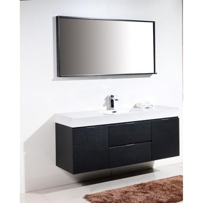 KubeBath Bliss 60" Black Wall-Mounted Modern Bathroom Vanity With Single Integrated Acrylic Sink With Overflow and 55" Black Framed Mirror With Shelf