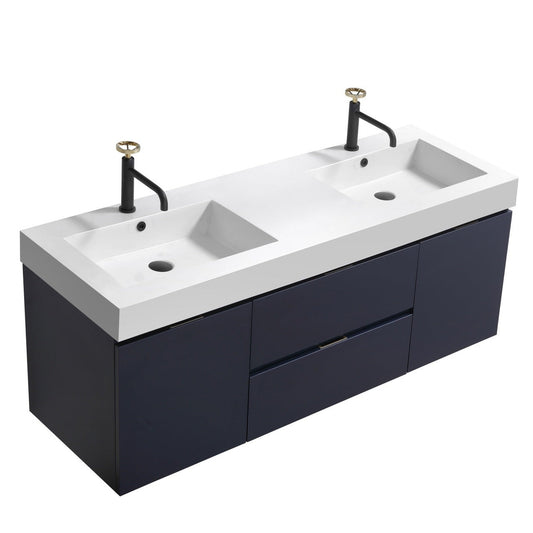 KubeBath Bliss 60" Blue Wall-Mounted Modern Bathroom Vanity With Double Integrated Acrylic Sink With Overflow and 60" White Wood Framed Mirror With Shelf