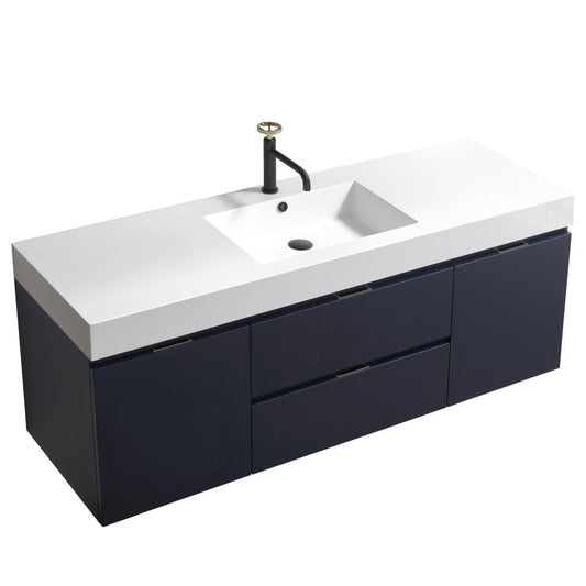 KubeBath Bliss 60" Blue Wall-Mounted Modern Bathroom Vanity With Single Integrated Acrylic Sink With Overflow and 60" White Wood Framed Mirror With Shelf