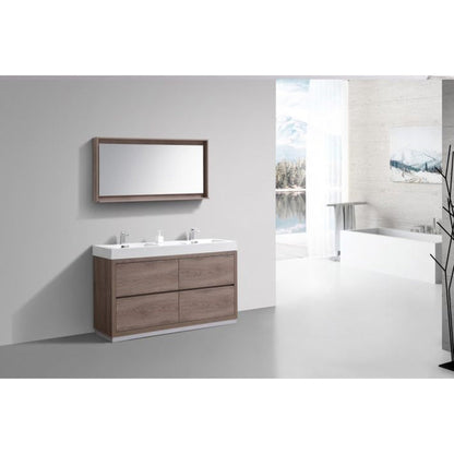 KubeBath Bliss 60" Butternut Freestanding Modern Bathroom Vanity With Double Integrated Acrylic Sink With Overflow and 60" Butternut Framed Mirror With Shelf