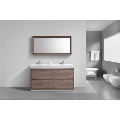 KubeBath Bliss 60" Butternut Freestanding Modern Bathroom Vanity With Double Integrated Acrylic Sink With Overflow and 60" Butternut Framed Mirror With Shelf