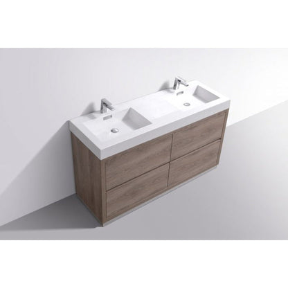 KubeBath Bliss 60" Butternut Freestanding Modern Bathroom Vanity With Double Integrated Acrylic Sink With Overflow and 60" Butternut Framed Mirror With Shelf