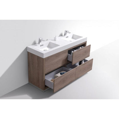 KubeBath Bliss 60" Butternut Freestanding Modern Bathroom Vanity With Double Integrated Acrylic Sink With Overflow and 60" Butternut Framed Mirror With Shelf