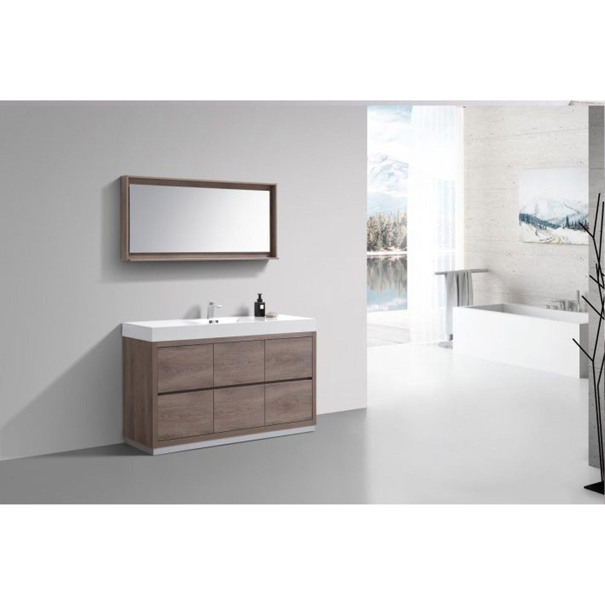 KubeBath Bliss 60" Butternut Freestanding Modern Bathroom Vanity With Single Integrated Acrylic Sink With Overflow and 60" Butternut Framed Mirror With Shelf