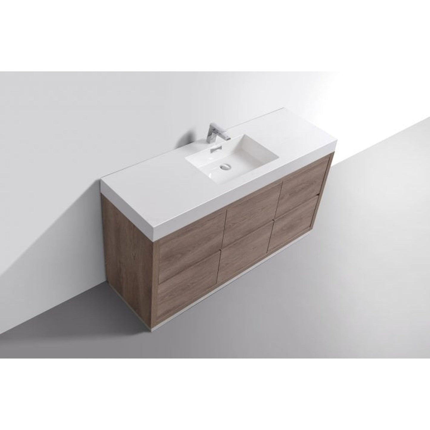 KubeBath Bliss 60" Butternut Freestanding Modern Bathroom Vanity With Single Integrated Acrylic Sink With Overflow and 60" Butternut Framed Mirror With Shelf