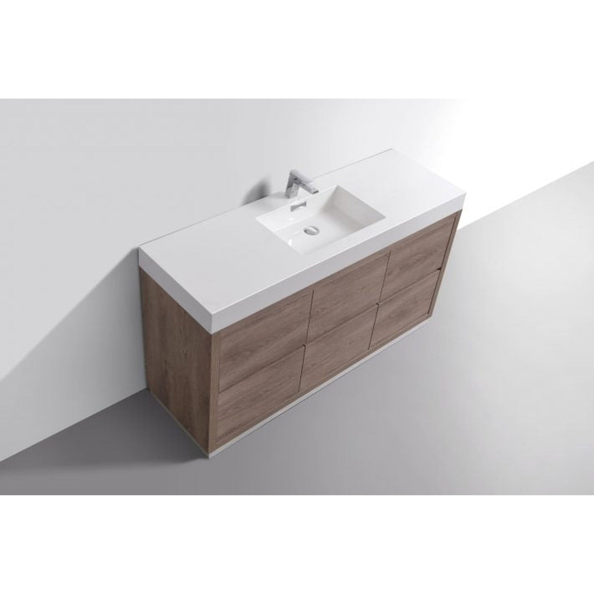 KubeBath Bliss 60" Butternut Freestanding Modern Bathroom Vanity With Single Integrated Acrylic Sink With Overflow and 60" Butternut Framed Mirror With Shelf