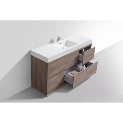 KubeBath Bliss 60" Butternut Freestanding Modern Bathroom Vanity With Single Integrated Acrylic Sink With Overflow and 60" Butternut Framed Mirror With Shelf