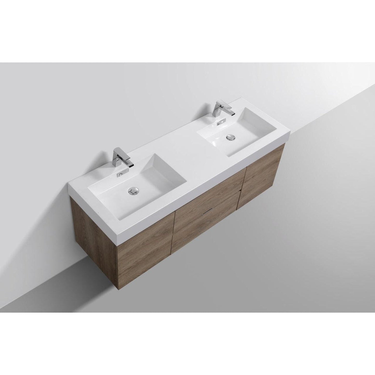 KubeBath Bliss 60" Butternut Wall-Mounted Modern Bathroom Vanity With Double Integrated Acrylic Sink With Overflow
