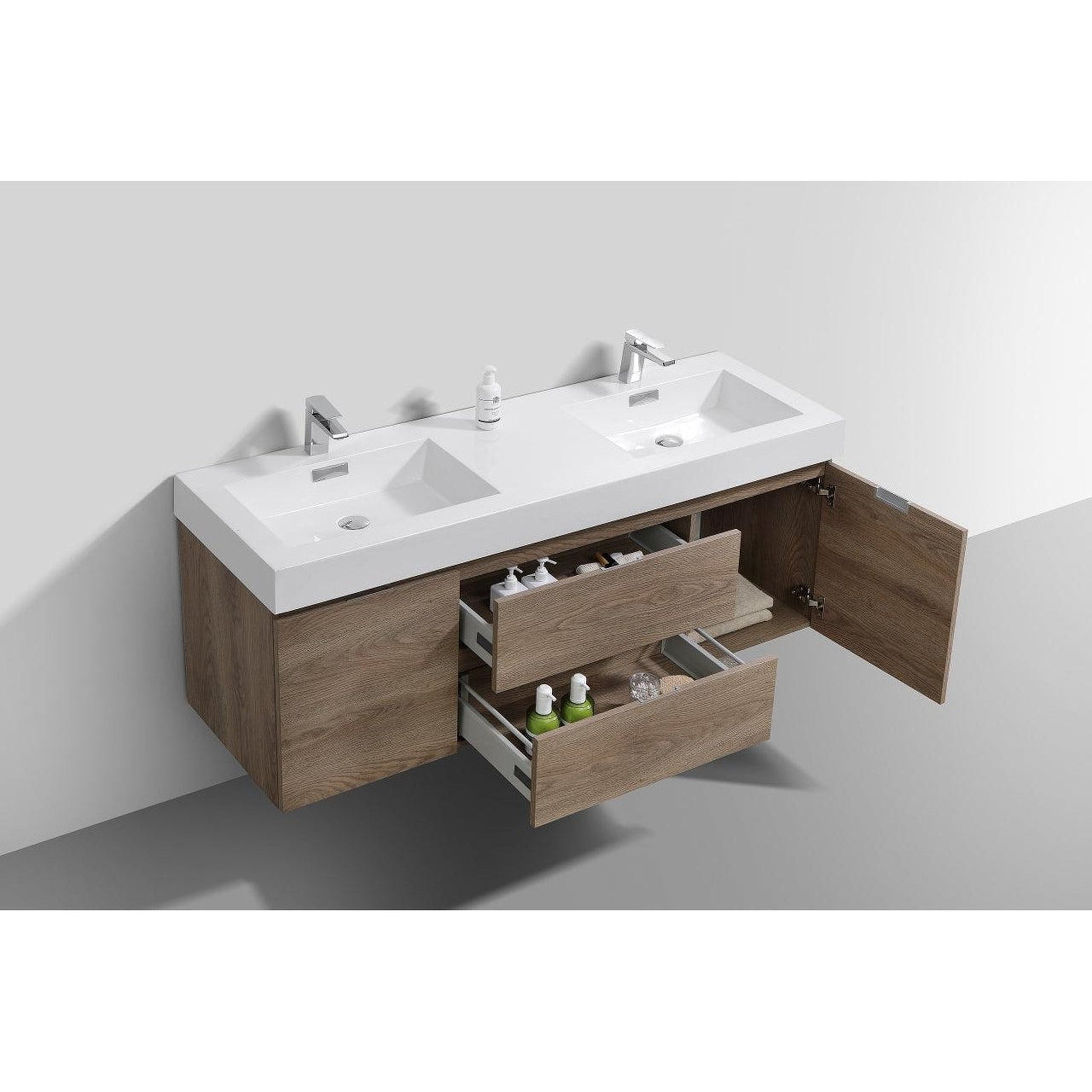 KubeBath Bliss 60" Butternut Wall-Mounted Modern Bathroom Vanity With Double Integrated Acrylic Sink With Overflow and 60" Butternut Framed Mirror With Shelf