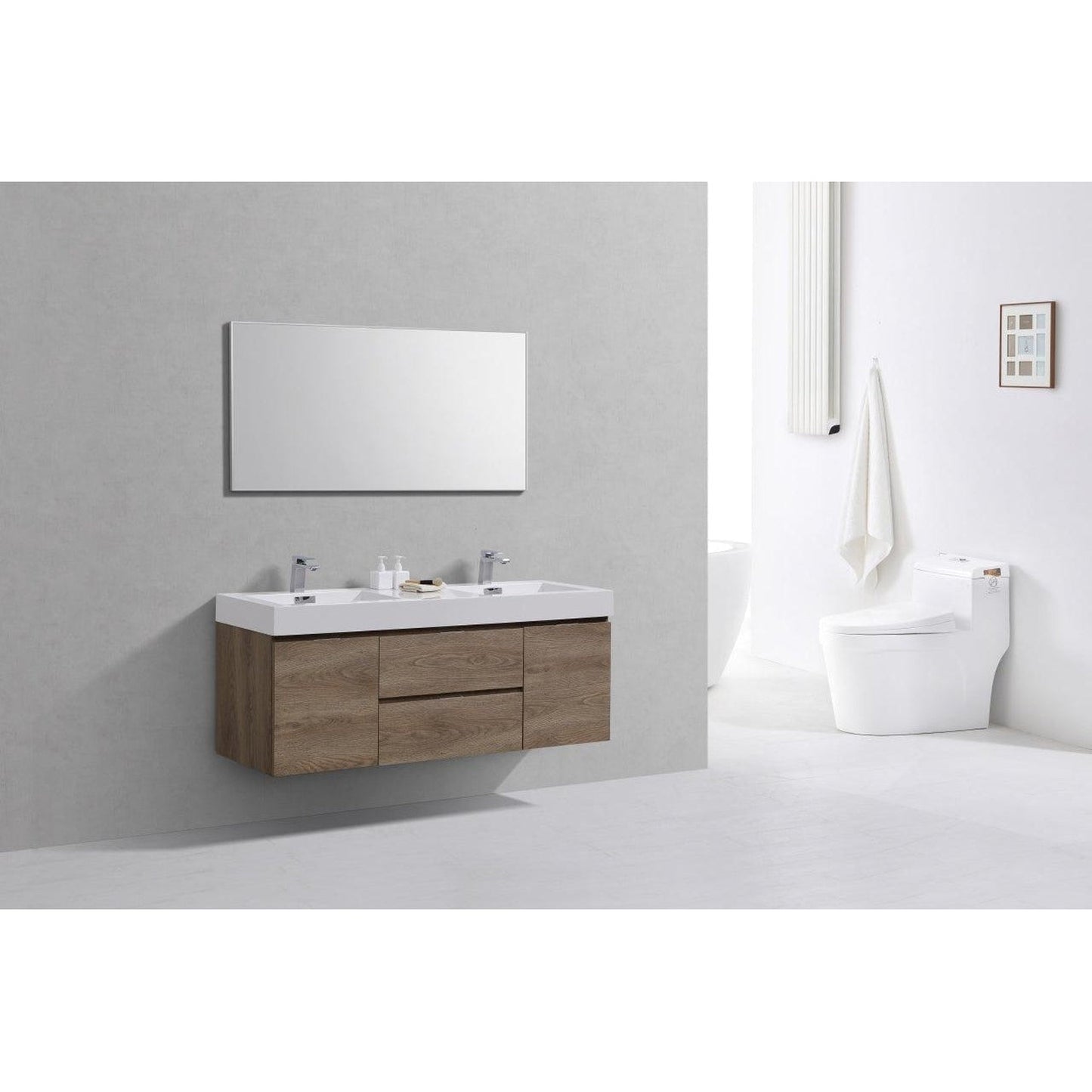 KubeBath Bliss 60" Butternut Wall-Mounted Modern Bathroom Vanity With Double Integrated Acrylic Sink With Overflow and 60" Butternut Framed Mirror With Shelf