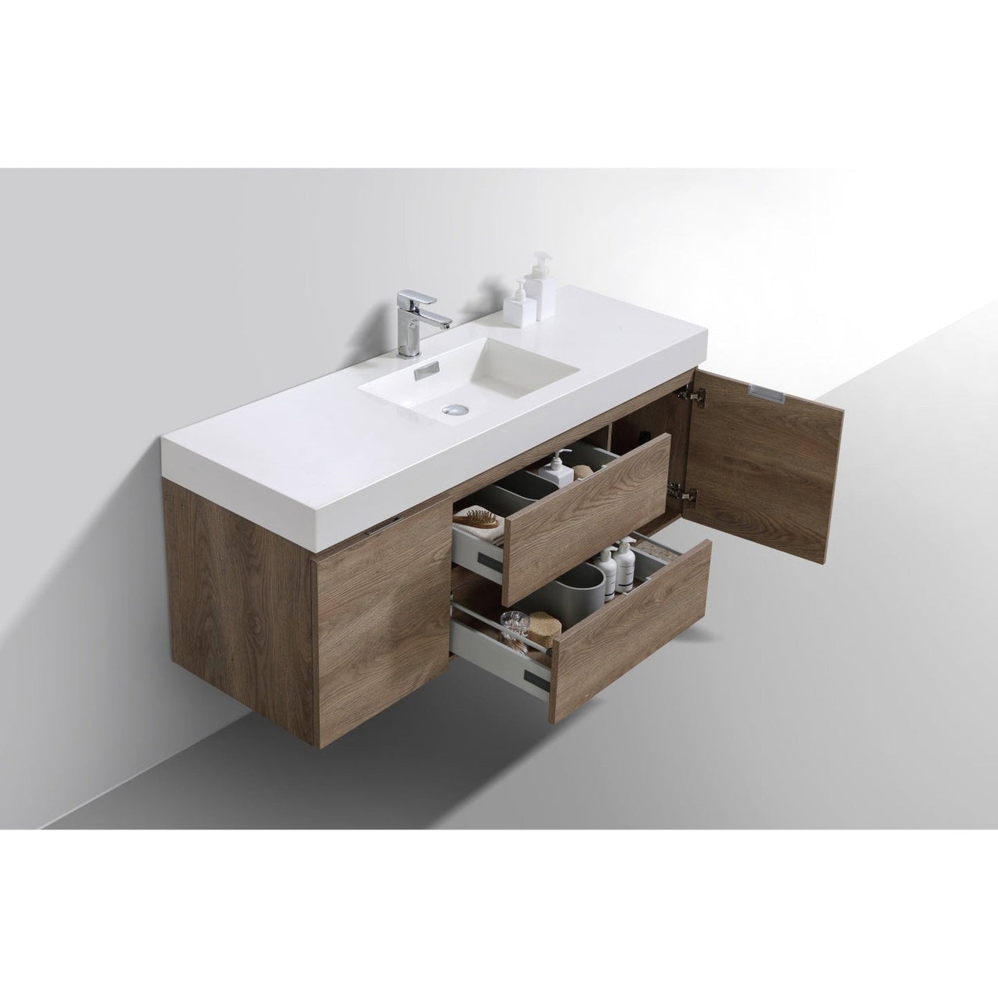 KubeBath Bliss 60" Butternut Wall-Mounted Modern Bathroom Vanity With Single Integrated Acrylic Sink With Overflow and 60" Butternut Framed Mirror With Shelf