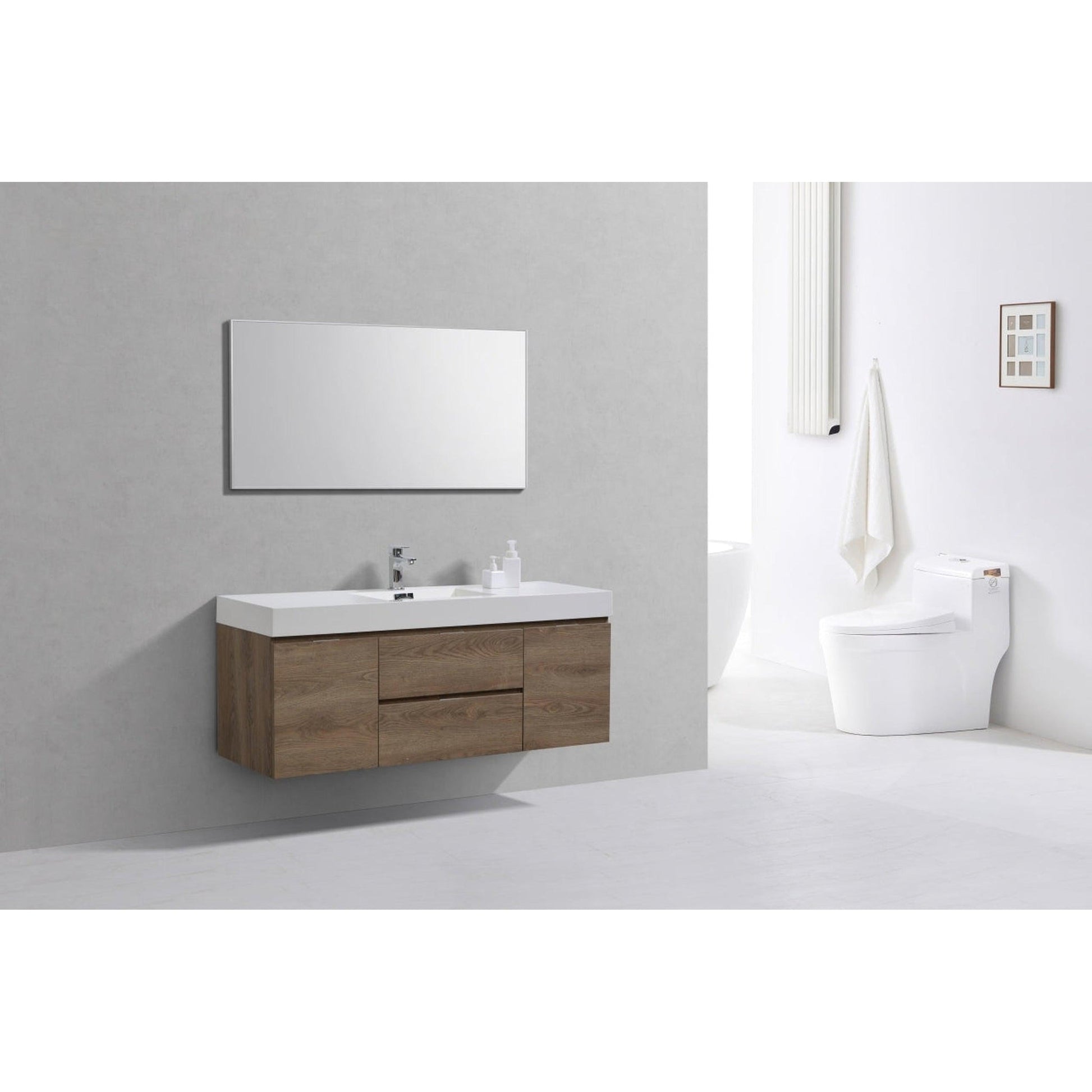 KubeBath Bliss 60" Butternut Wall-Mounted Modern Bathroom Vanity With Single Integrated Acrylic Sink With Overflow and 60" Butternut Framed Mirror With Shelf