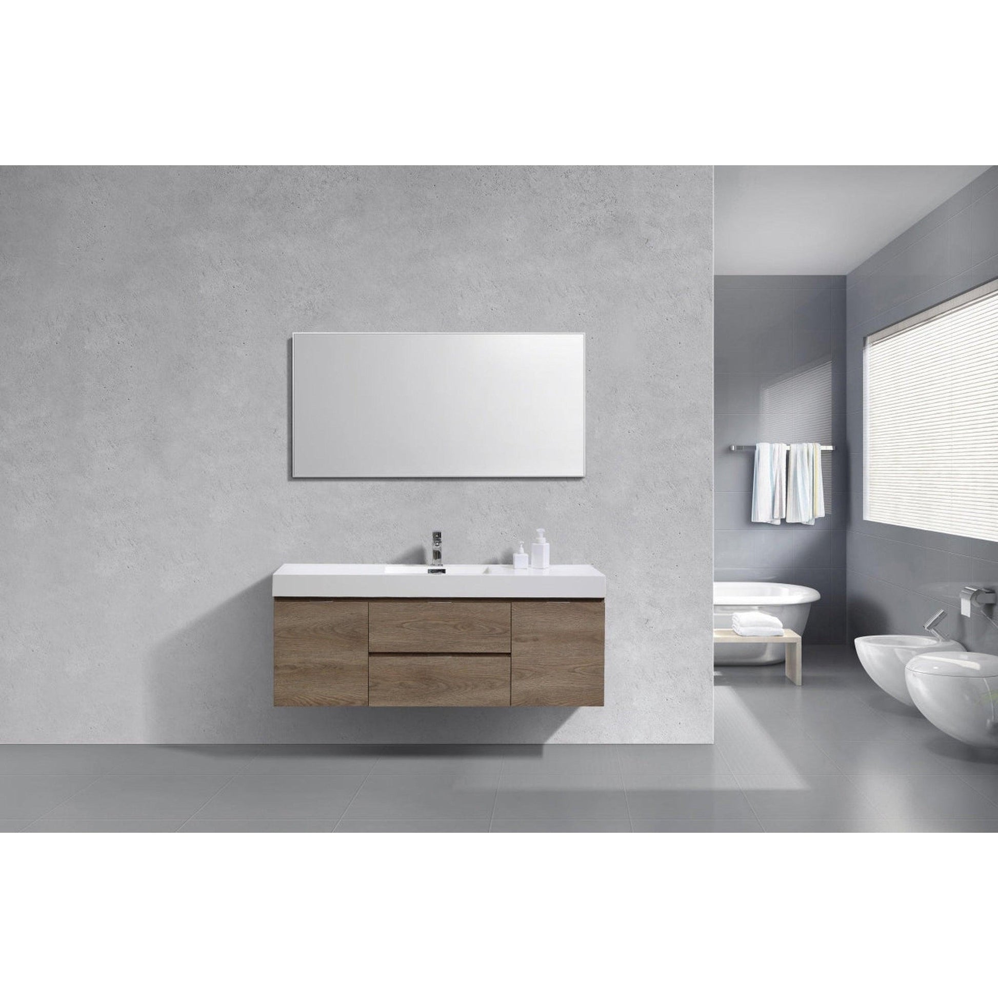 KubeBath Bliss 60" Butternut Wall-Mounted Modern Bathroom Vanity With Single Integrated Acrylic Sink With Overflow and 60" Butternut Framed Mirror With Shelf