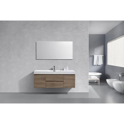 KubeBath Bliss 60" Butternut Wall-Mounted Modern Bathroom Vanity With Single Integrated Acrylic Sink With Overflow and 60" Butternut Framed Mirror With Shelf