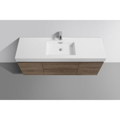 KubeBath Bliss 60" Butternut Wall-Mounted Modern Bathroom Vanity With Single Integrated Acrylic Sink With Overflow and 60" Butternut Framed Mirror With Shelf