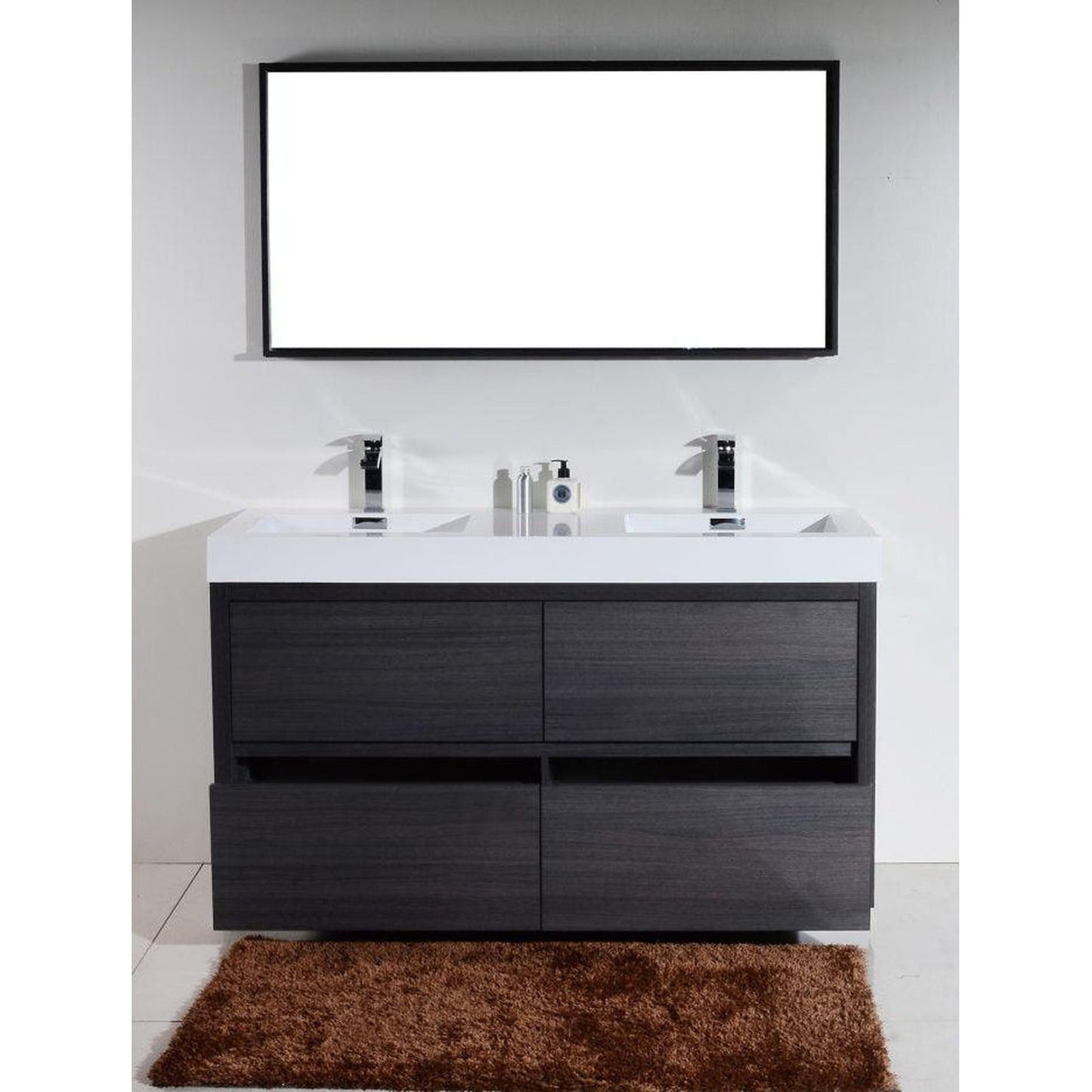 KubeBath Bliss 60" Gray Oak Freestanding Modern Bathroom Vanity With Double Integrated Acrylic Sink With Overflow and 55" Gray Oak Framed Mirror With Shelf