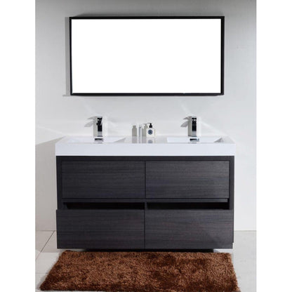 KubeBath Bliss 60" Gray Oak Freestanding Modern Bathroom Vanity With Double Integrated Acrylic Sink With Overflow and 55" Gray Oak Framed Mirror With Shelf