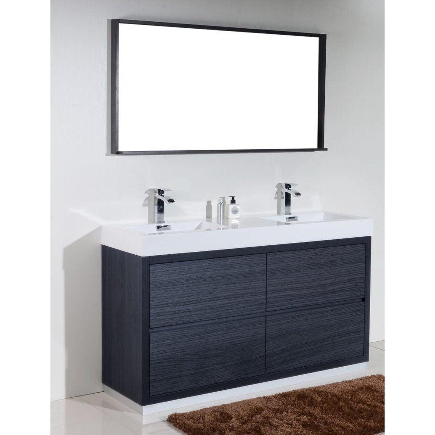 KubeBath Bliss 60" Gray Oak Freestanding Modern Bathroom Vanity With Double Integrated Acrylic Sink With Overflow and 55" Gray Oak Framed Mirror With Shelf